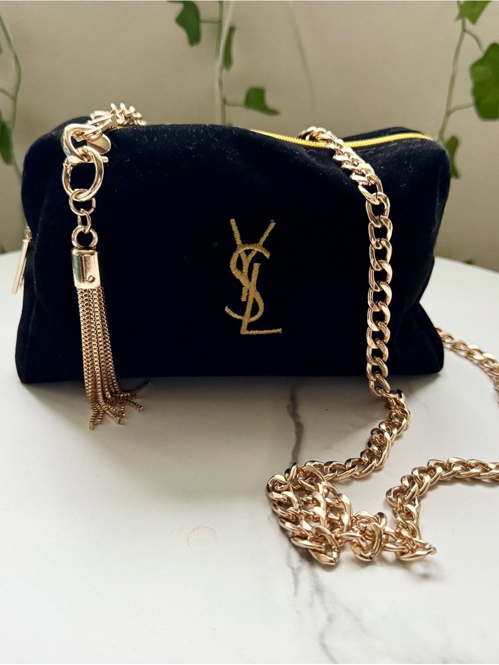 Saint Laurent beauty Black Velvet makeup pouch with Gold Chain